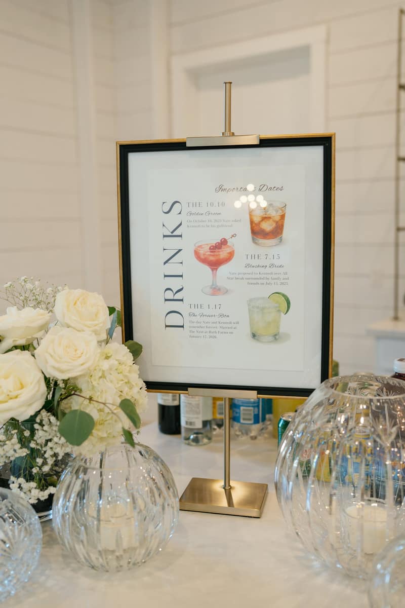 Framed custom drinks menu displayed beside the wedding bar