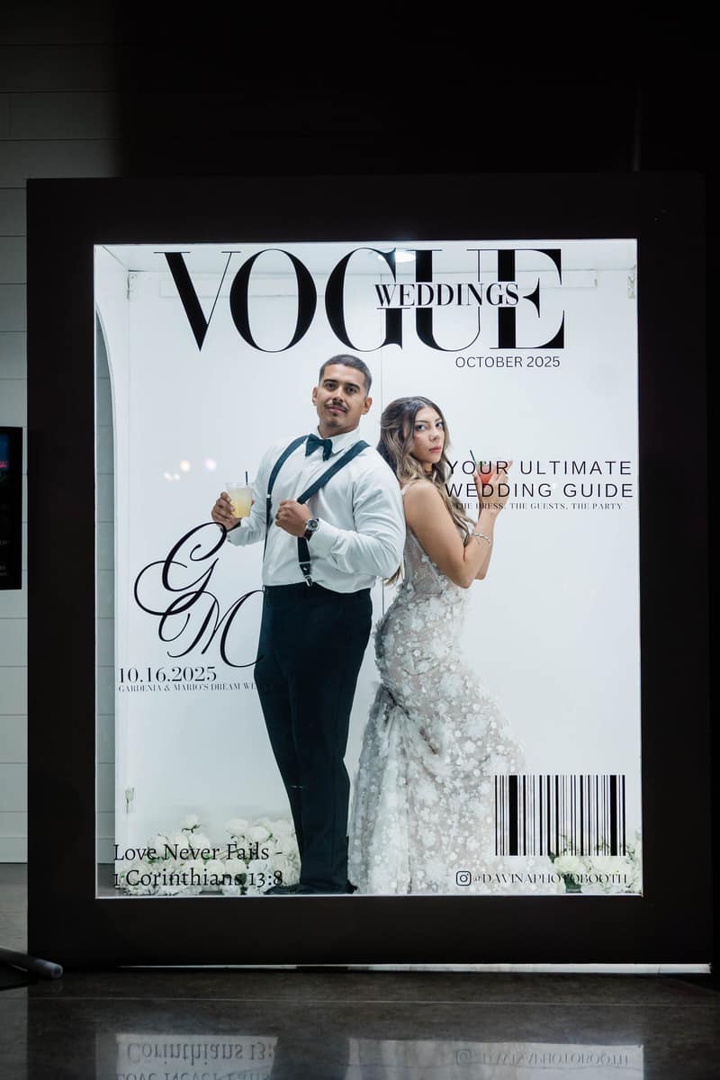 Custom magazine-cover display at a wedding reception