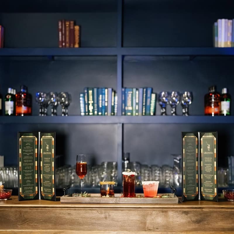Holiday cocktails and tartan drink menus on a wood bar in front of a navy bookshelf backdrop
