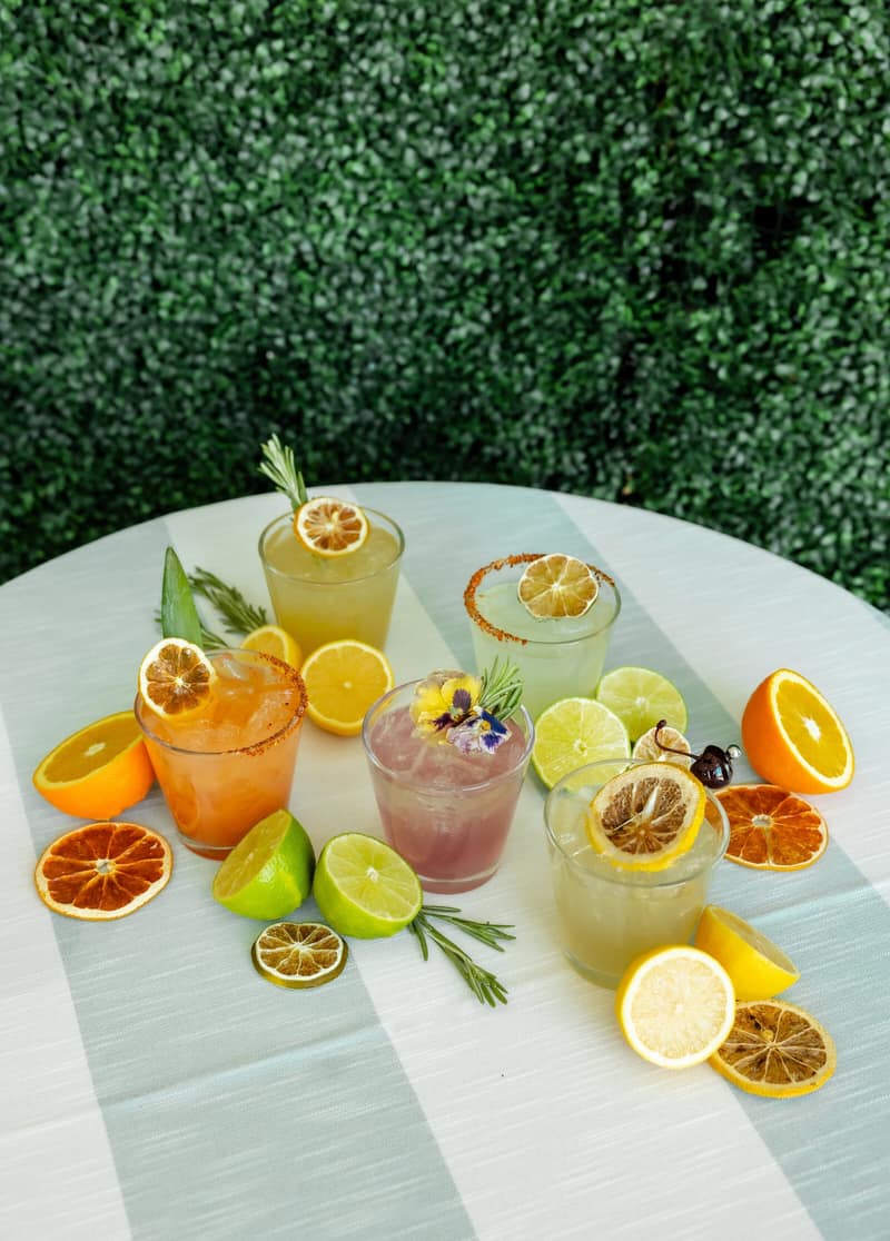 A spread of signature batch cocktails on a white table against a hedge wall