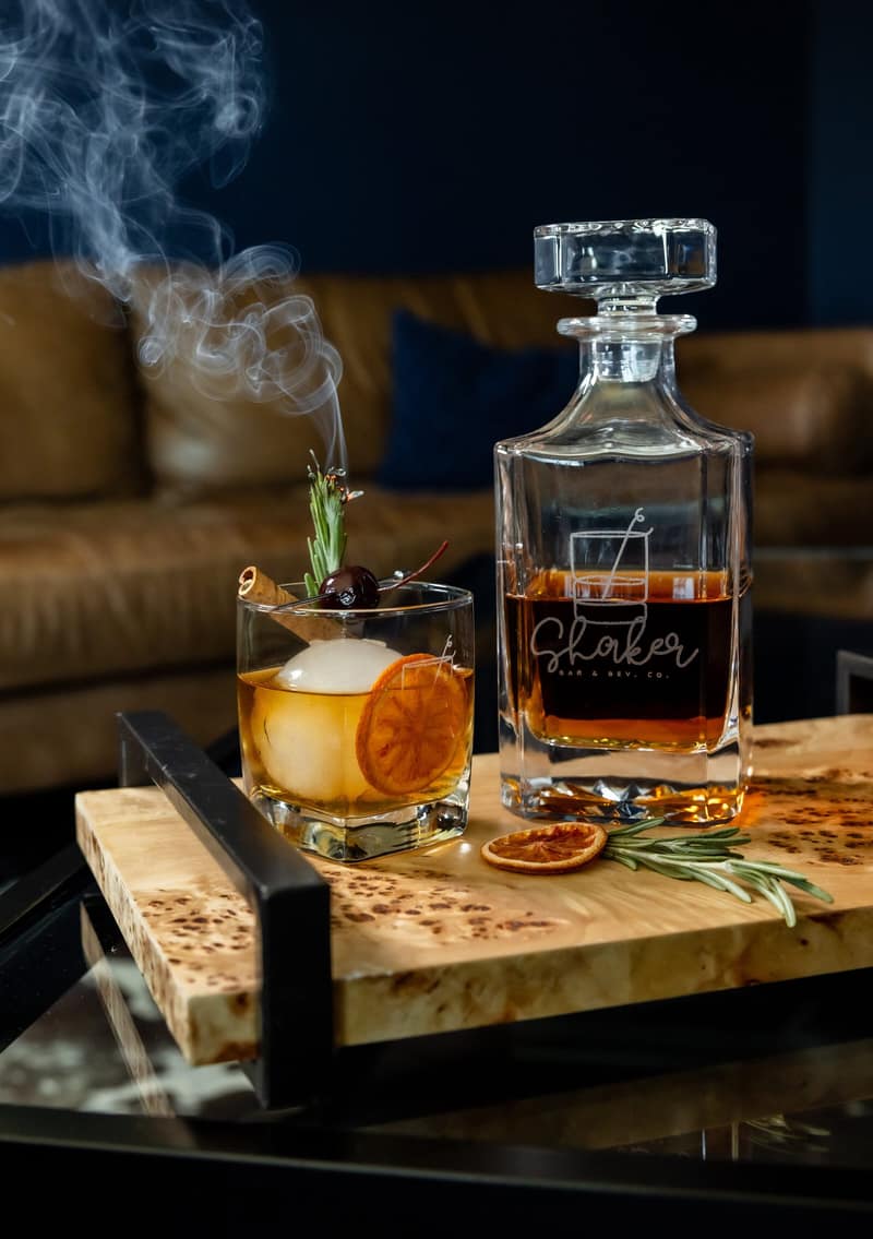 Smoked old fashioned service with an etched Shaker decanter